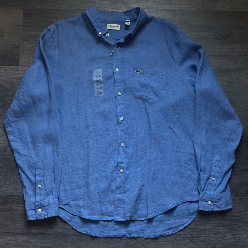 NEW Lacoste Linen Long Sleeve Shirt Mens XL FR 45 Blue Pocket Regular Fit